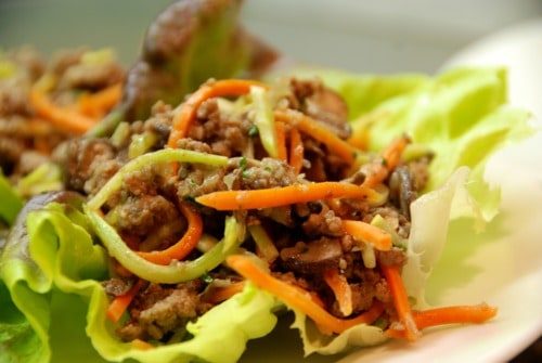 Weeknight Asian Ground Beef, Mushroom, and Broccoli Slaw Lettuce Cups