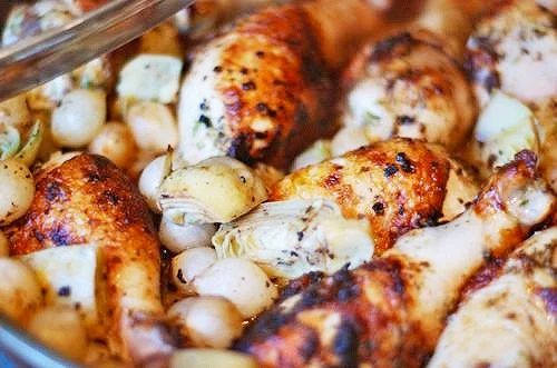 Weeknight Braised Chicken with Artichokes and Pearl Onions