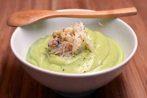 Skillet Chilled Cream of Avocado Soup with Dungeness Crab