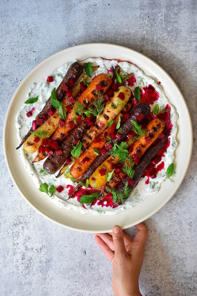 Grilled Carrots with Herby Coconut Yogurt and Spicy Beet Vinaigrette