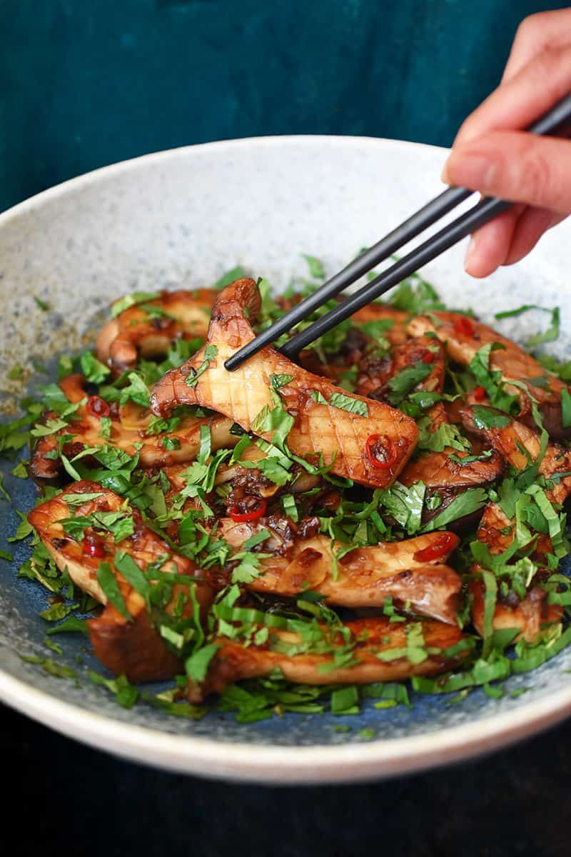 Skillet King Oyster Mushrooms with Thai Chili Peppers and Lime