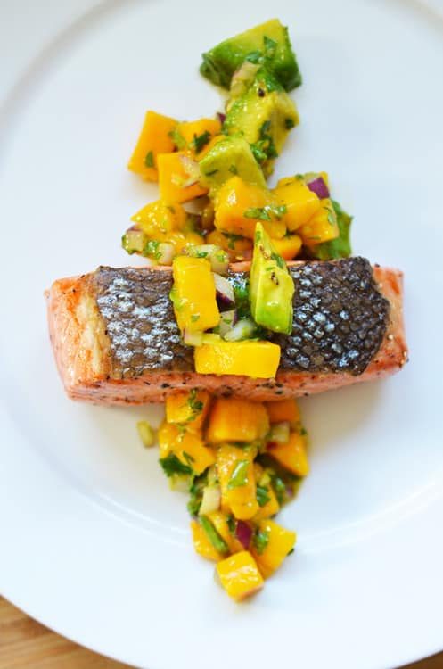 Weeknight Mango Avocado Salsa on Pan-Seared Salmon
