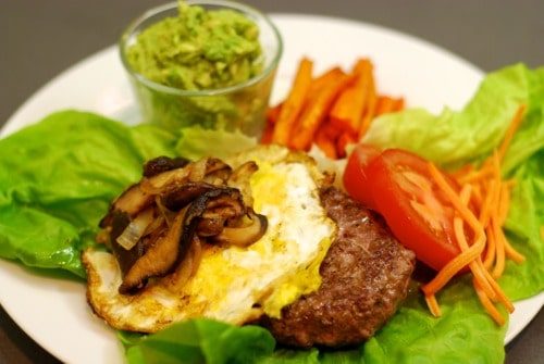 Lamb Burgers with Fried Egg, Sautéed Shiitake Mushrooms, and Onions