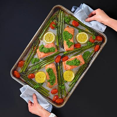 Sheet Pan Salmon with Pesto and Asparagus