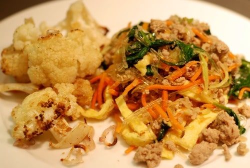 Stir Fried Kelp Noodles with Pork, Eggs, and Broccoli Slaw