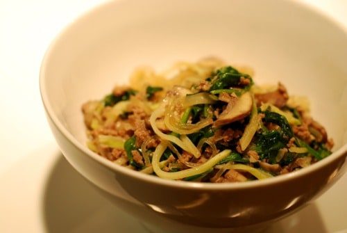 Stir Fried Kelp Noodles with Ground Beef, Broccoli Slaw, and Spinach