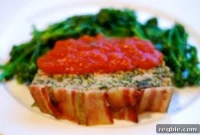 Bacon Topped Pork Meatloaf with Spinach and Mushrooms