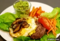 Lamb Burger with Sunny-Side Up Egg, Sautéed Shiitake Mushrooms, and Onions