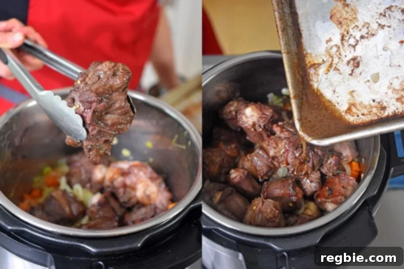 Browned oxtails are added to an open Instant Pot and the extra oxtail cooking liquid is added as well.
