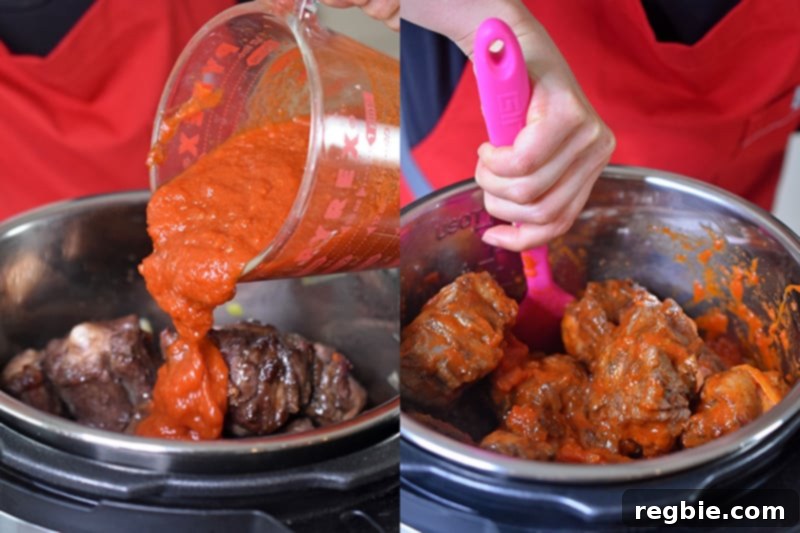 Marinara is poured into the Instant Pot and mixed in with the oxtails.