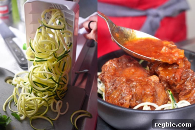 Zucchini spiralized into noodles and a large spoon is spooning Instant Pot Oxtail Stew onto zucchini noodles.