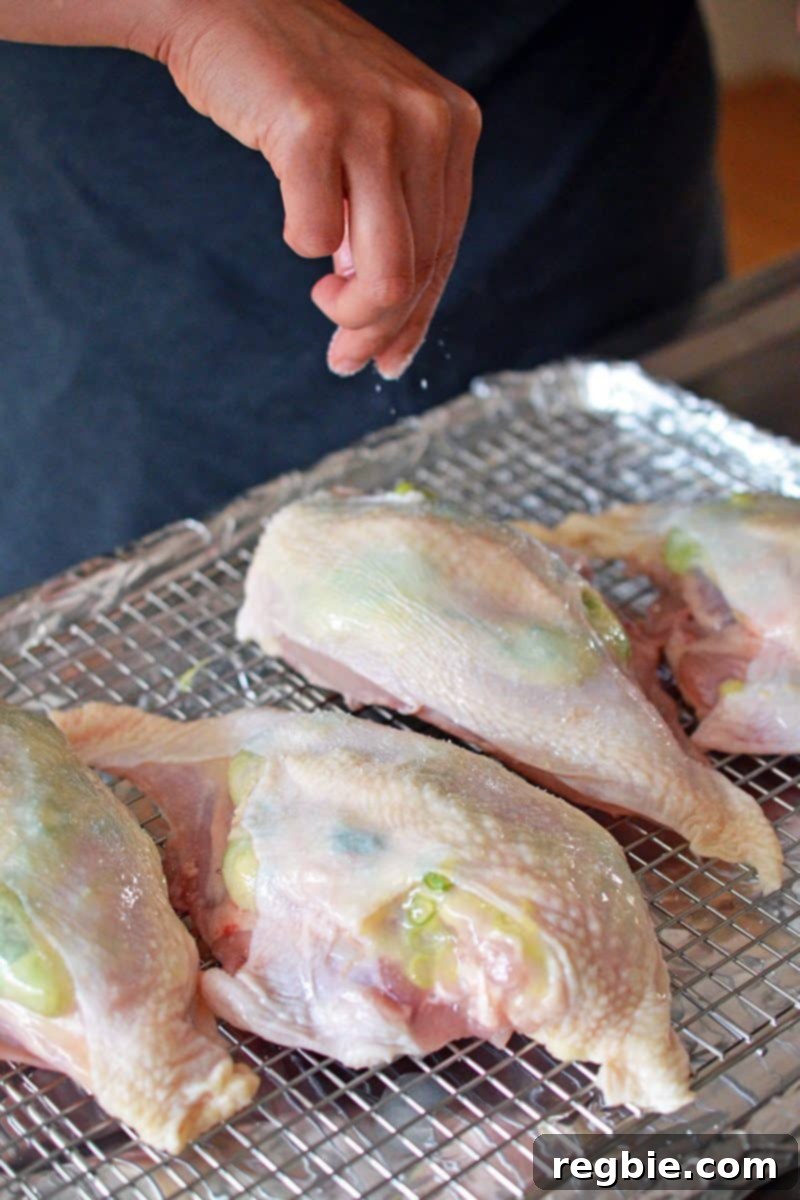 A delicate sprinkling of salt on top of the Ginger-Scallion Chicken, enhancing its flavor before baking.