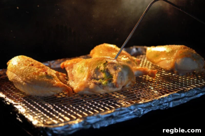 Ginger-Scallion Chicken baking in the oven, with an instant-read thermometer accurately measuring the internal temperature of the breast meat.
