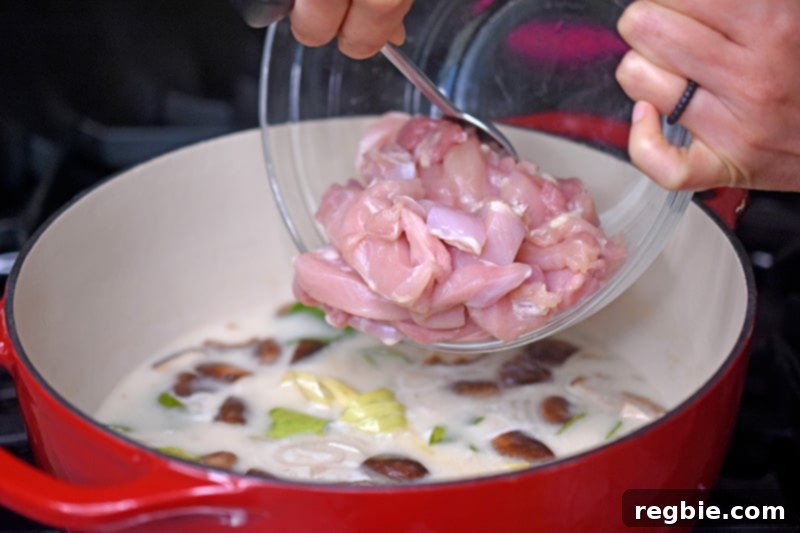 Adding sliced chicken to a simmering pot of homemade keto Tom Kha Gai soup.