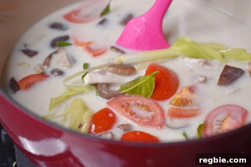A close-up of a pot of healthy homemade Tom Kha Gai where the tomatoes are gently heated but not broken down.