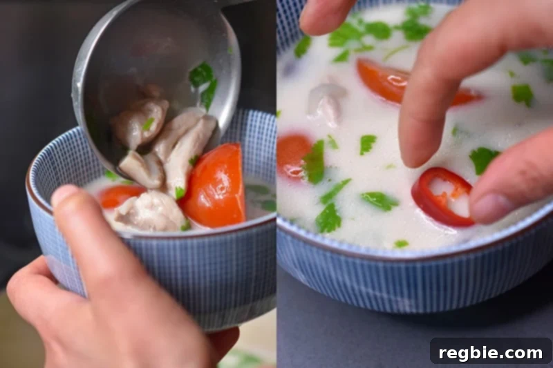 Ladling a bowl of homemade gluten-free Tom Kha Gai and adding sliced red chili peppers for a spicy kick.
