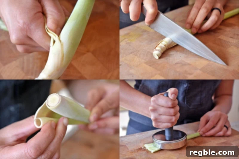 Four sequential images demonstrating how to prepare fresh lemongrass by bruising and tying for Tom Kha Gai soup.