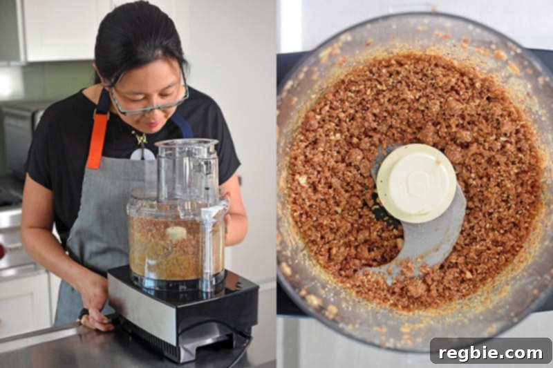 Pulsing the crust ingredients of No-Bake Matcha Cheesecake until the texture is like coarse cornmeal and holds together when pressed.