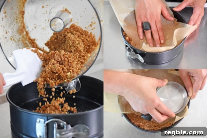 Adding the crust mixture into the greased springform pan and pressing it down with parchment paper and a measuring cup to form an even base.