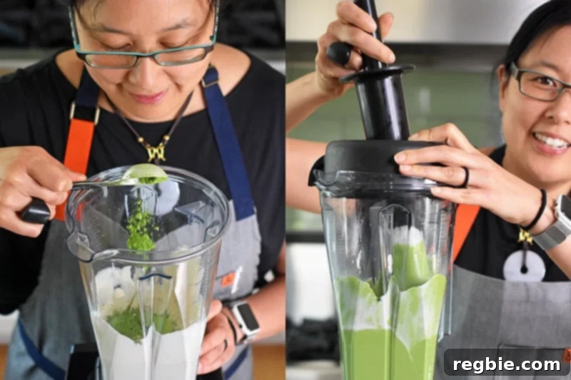 Adding ceremonial grade matcha powder to the paleo and vegan No-Bake Matcha Cheesecake filling in the blender for its signature color and flavor.