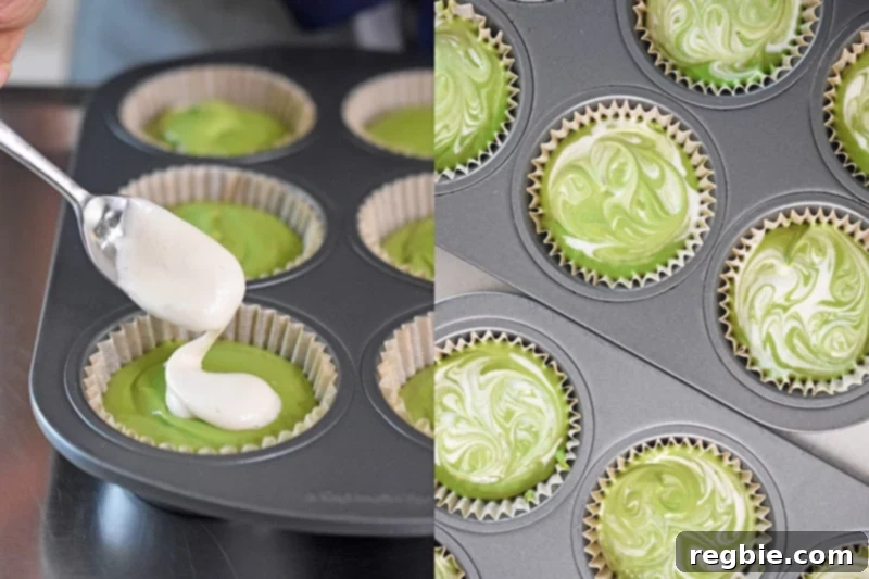 An overhead shot of swirled No-Bake Matcha Cheesecakes in cupcake liners, ready for chilling.