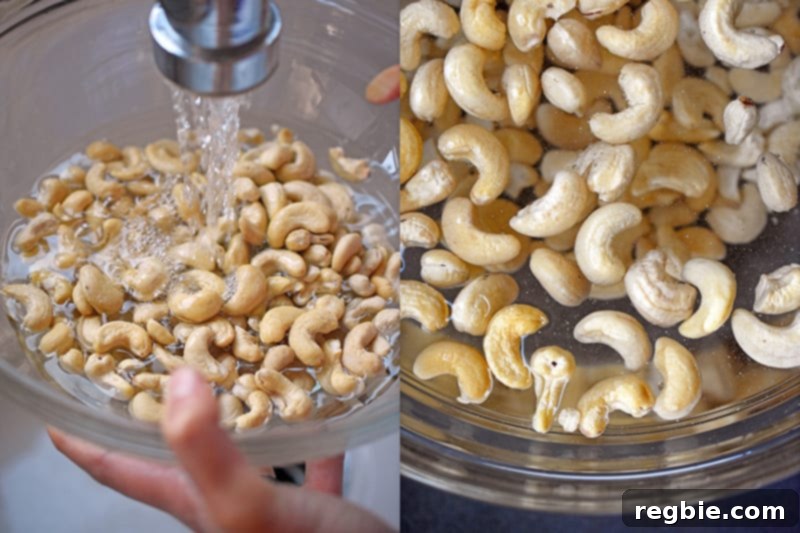 Raw cashews soaking in water, an essential step for creamy No-Bake Matcha Cheesecake.
