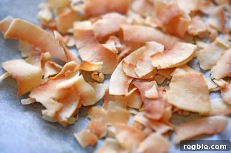 A closeup of golden unsweetened toasted coconut flakes, ready to be incorporated into the gluten-free, No-Bake Matcha Cheesecake crust.