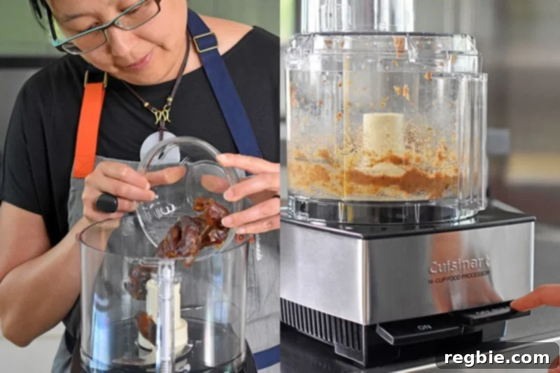 A woman in glasses is placing pitted Medjool dates in a food processor to begin making the No-Bake Matcha Cheesecake crust.