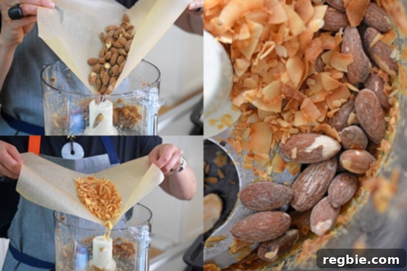 Adding roasted almonds and toasted coconut flakes to the food processor to complete the crust for No-Bake Matcha Cheesecake.
