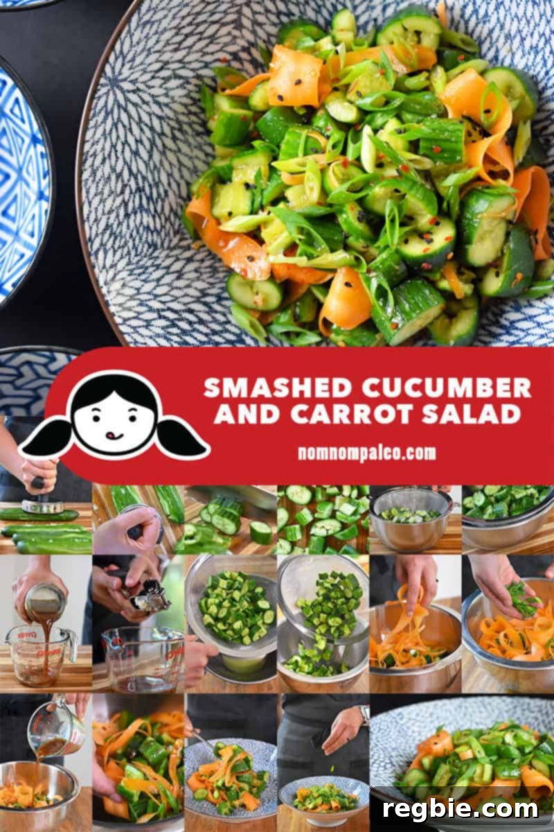 A collage of the cooking steps to make paleo and whole30 smashed cucumber and carrot salad, showing various stages of preparation.