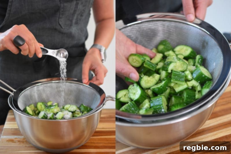 Putting the chopped cucumbers into the colander or mesh strainer and pouring more salt over the top.