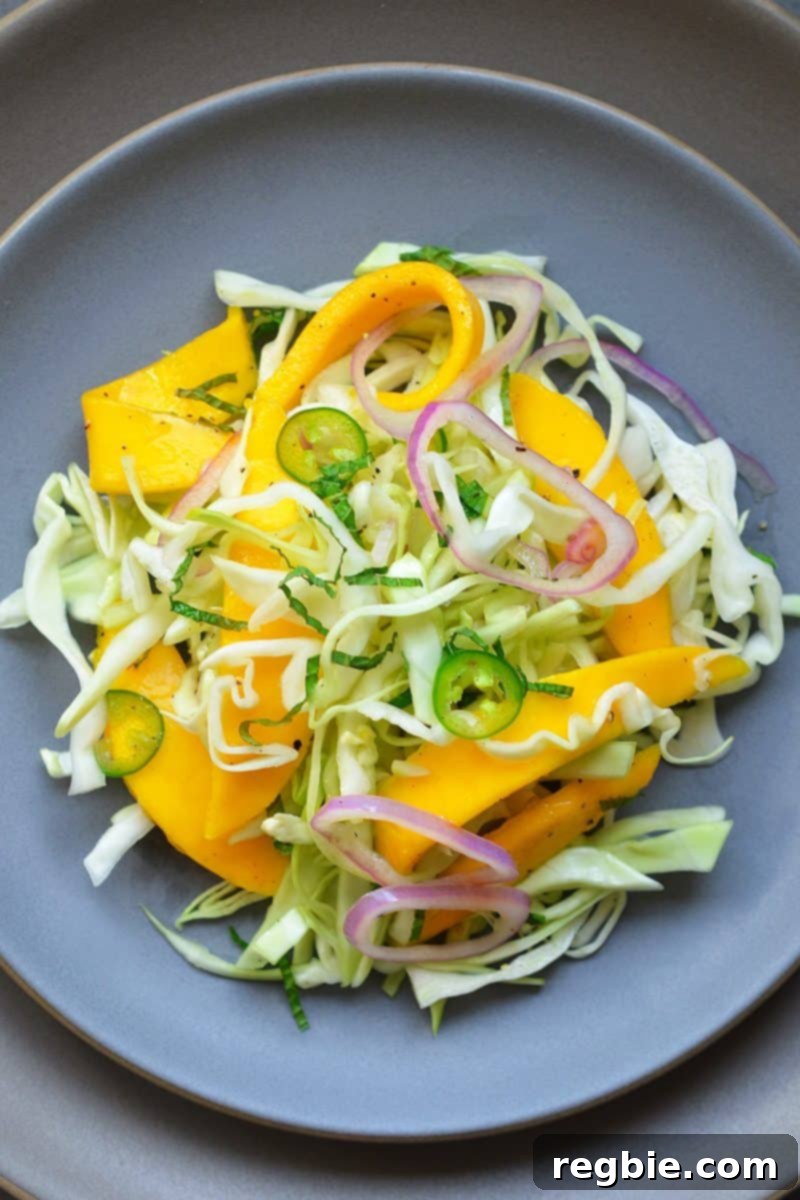 Zesty Mango Cabbage Crunch 2 Overhead shot of paleo spicy mango cabbage slaw on a plate, garnished with fresh mint.