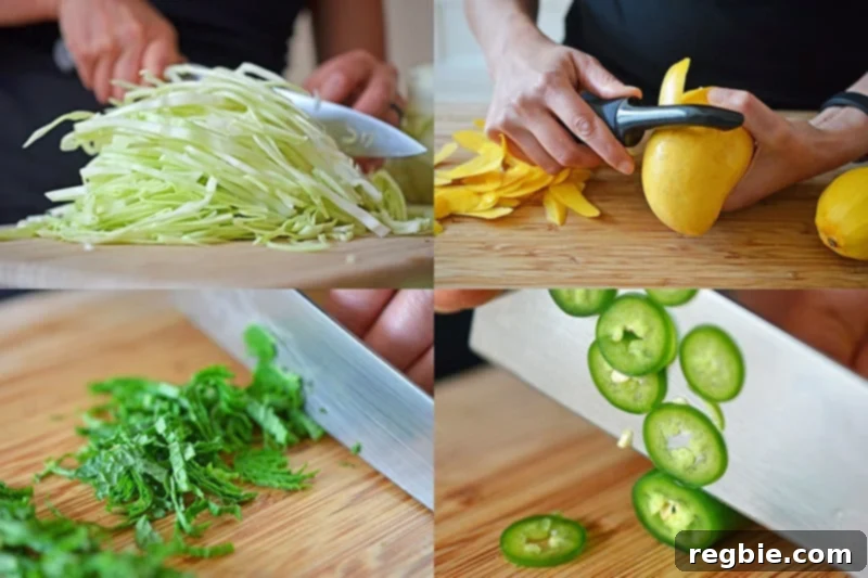 Zesty Mango Cabbage Crunch 4 A collage of steps showing someone preparing mango, cabbage, and mint for the paleo spicy mango cabbage slaw.