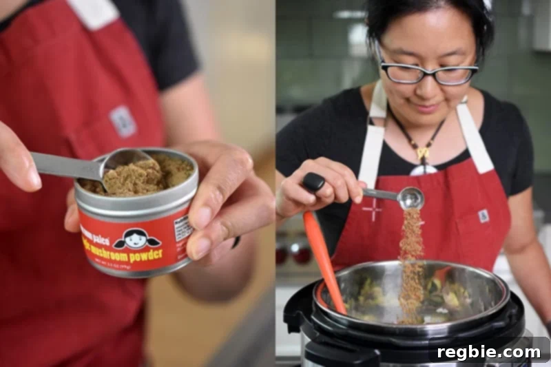 A spoonful of Nom Nom Paleo's Magic Mushroom Powder being added to an open Instant Pot, infusing the dish with rich umami flavor.