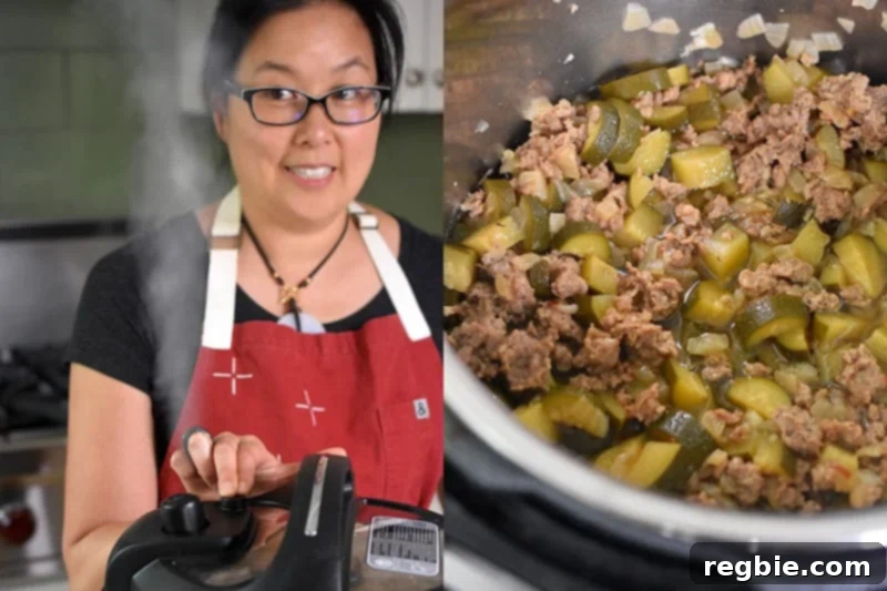 The pressure being manually released from the Instant Pot, with the cooked Instant Pot Zucchini Bolognese visible inside on the right, steaming.