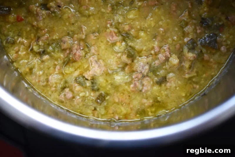 An inviting overhead view of Instant Pot Zucchini Bolognese, perfectly chunky and ready to be served directly from the Instant Pot.