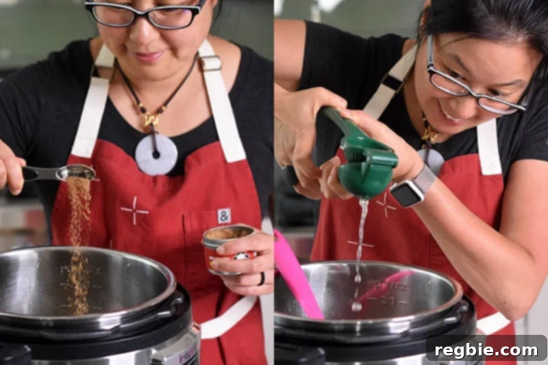 A woman shown adding additional Nom Nom Paleo Magic Mushroom Powder and fresh lemon juice to Instant Pot Zucchini Bolognese for final seasoning and brightness.