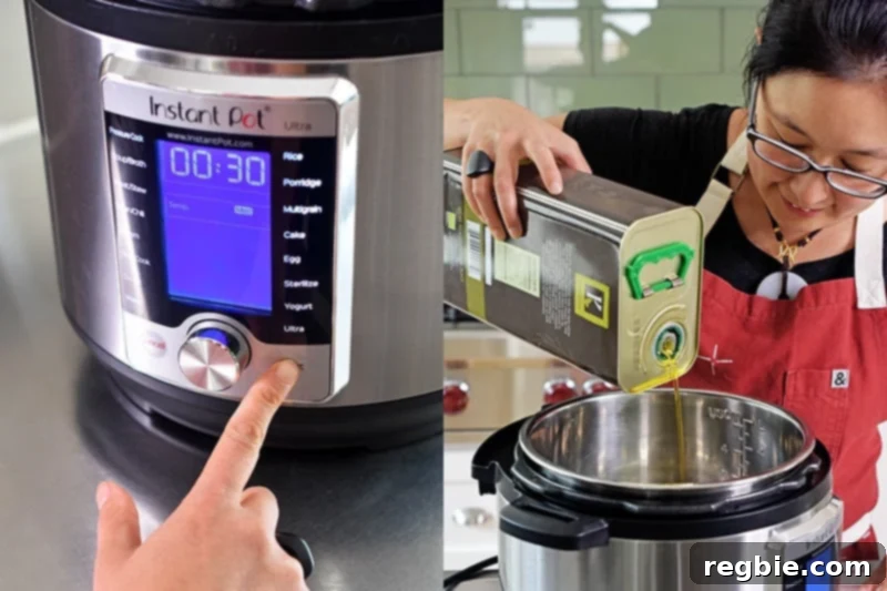 A shot of someone turning on the sauté function on an Instant Pot Ultra and adding some olive oil into the insert, preparing for cooking.