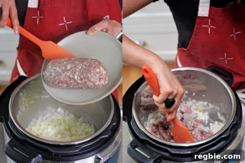 Bulk Italian sausage being added to an open Instant Pot and skillfully stirred in with the sautéed onions.