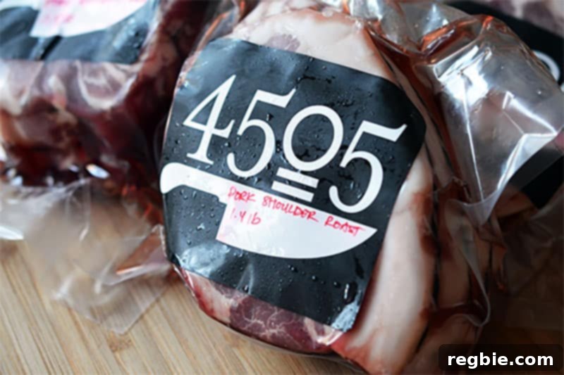 A package of pork shoulder roast, also known as pork butt roast, a key ingredient for a tender and flavorful Slow Cooker Cheater Pork Stew.