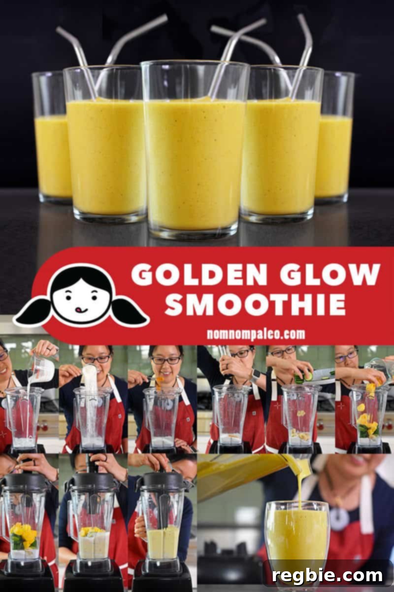 Sun-Kissed Wellness Smoothie 3 A visual step-by-step collage demonstrating the preparation of the golden glow smoothie, showing the various ingredients and blending process.