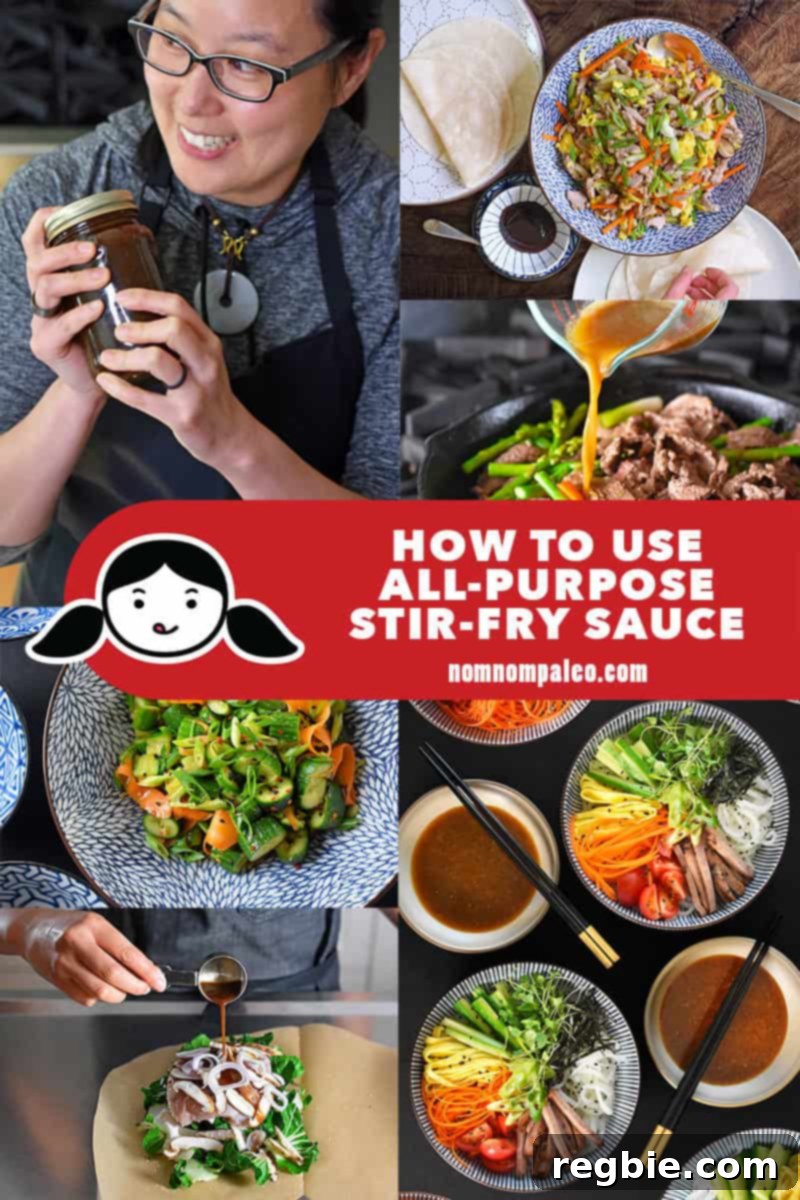 A vibrant collage showcasing various recipes made with Nom Nom Paleo's All-Purpose Stir-Fry Sauce, highlighting its versatility in creating quick, healthy, and delicious meals.