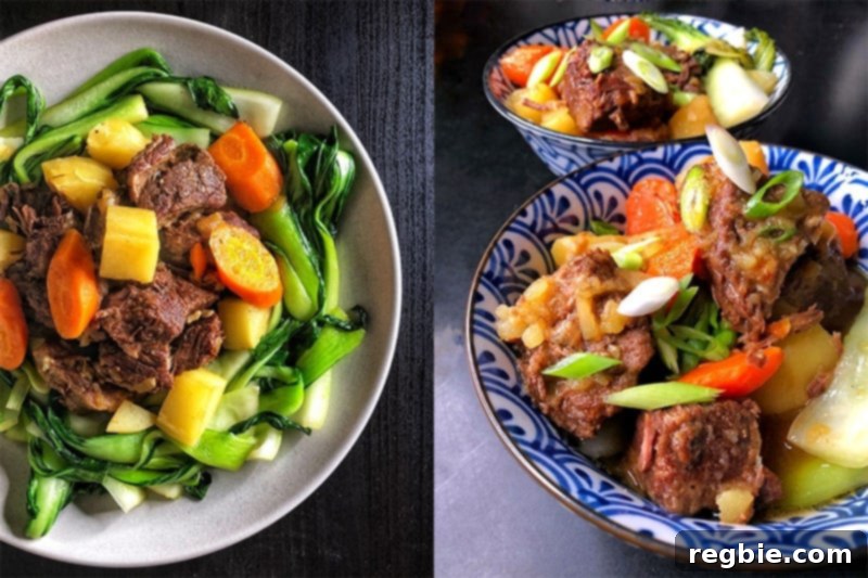 A visual comparison of two hearty stews, both rich in flavor thanks to being seasoned with All-Purpose Stir-Fry Sauce.