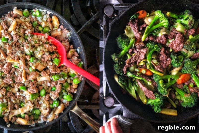 An inviting overhead shot featuring two sizzling pans filled with vibrant stir-fries, each seasoned to perfection with All-Purpose Stir-Fry Sauce.