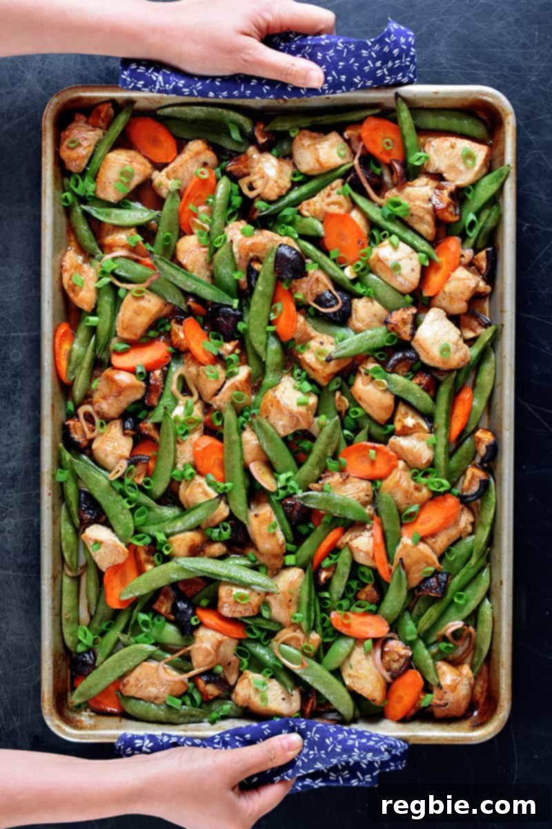 An enticing overhead shot of Sheet Pan Chicken Stir-Fry, fresh out of the oven, with two hands carefully holding the pan with blue and white towels.