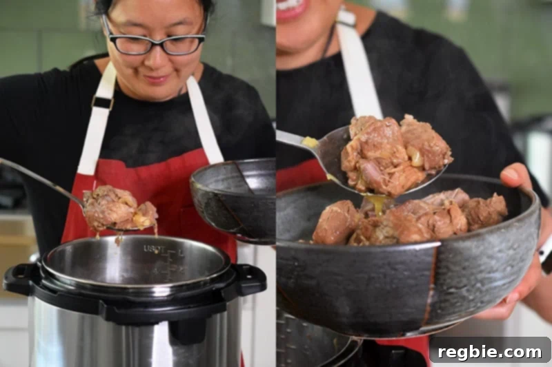 Carefully spooning the cooked, tender Instant Pot Magic Pork and its juices out of the Instant Pot into a serving bowl.