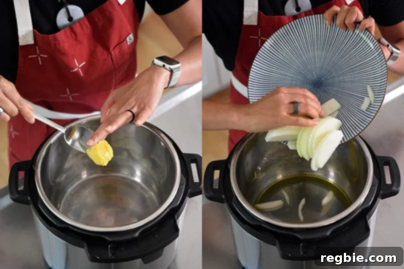 Adding ghee and thinly sliced yellow onions to the hot Instant Pot insert, ready for sautéing.