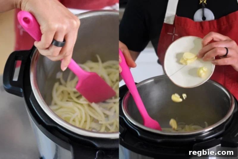 Sautéing sliced onions and smashed garlic cloves in ghee within the Instant Pot, creating an aromatic base.