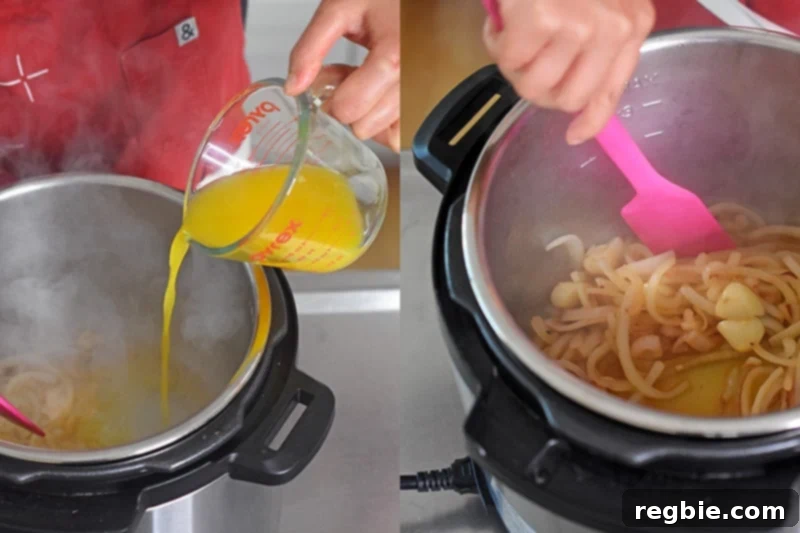 Pouring orange juice into the Instant Pot and using a pink silicone spatula to scrape up browned bits from the bottom, deglazing the pot.