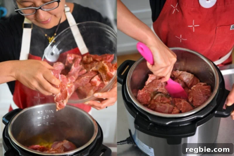Adding the seasoned pork cubes into the Instant Pot with the sautéed aromatics and orange juice, stirring to combine.